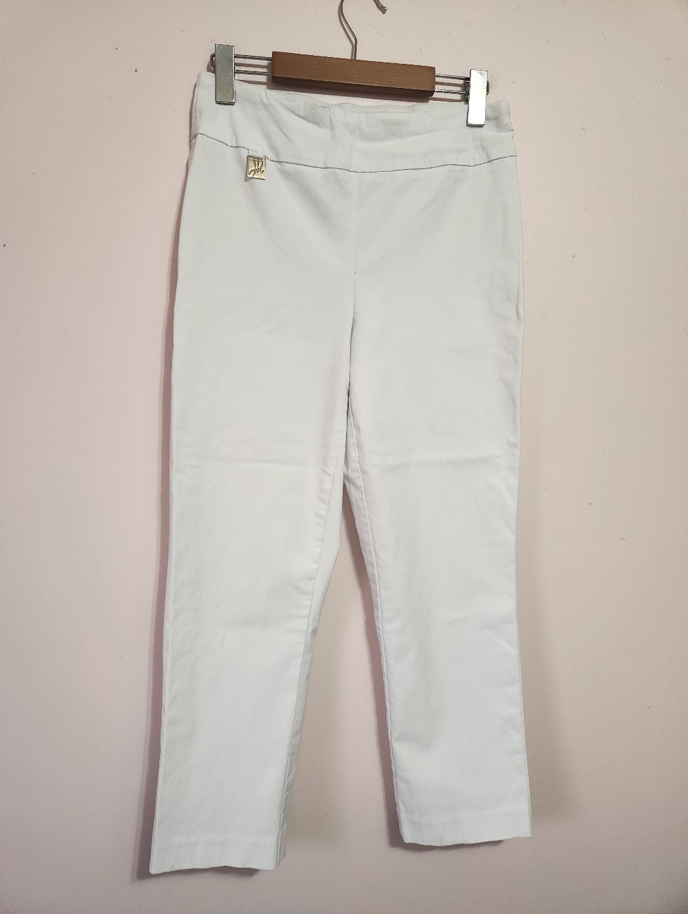 Joseph Ribkoff White Pull On Cropped Trousers Capris Gold Logo Charm Elegant 10